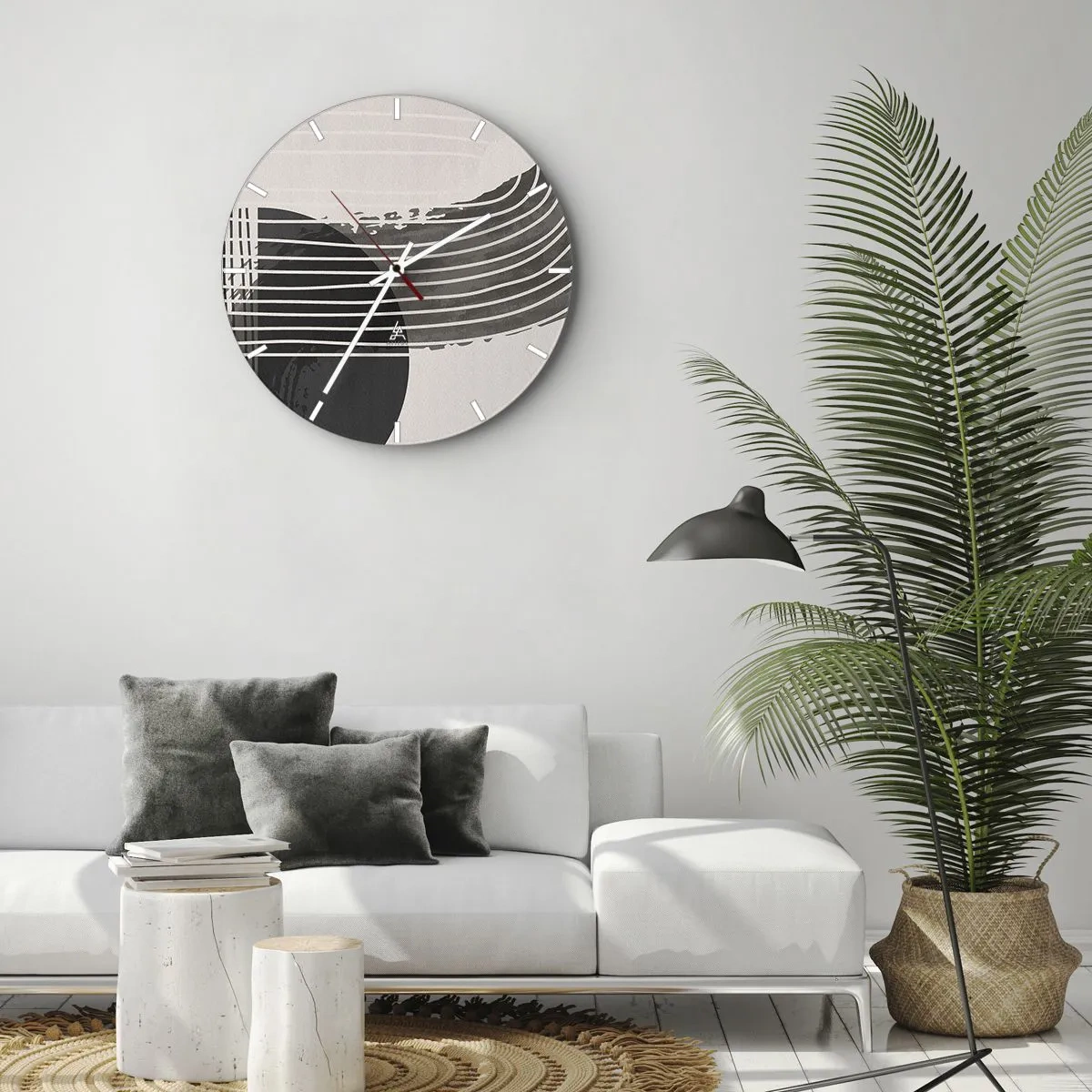 Wall clock - Clock on glass - Geometric composition with lines and semicircles in shades of gray. - 30x30cm - There and Back - Modern wall decoration for the living room, kitchen, and bedroom ARTTOR