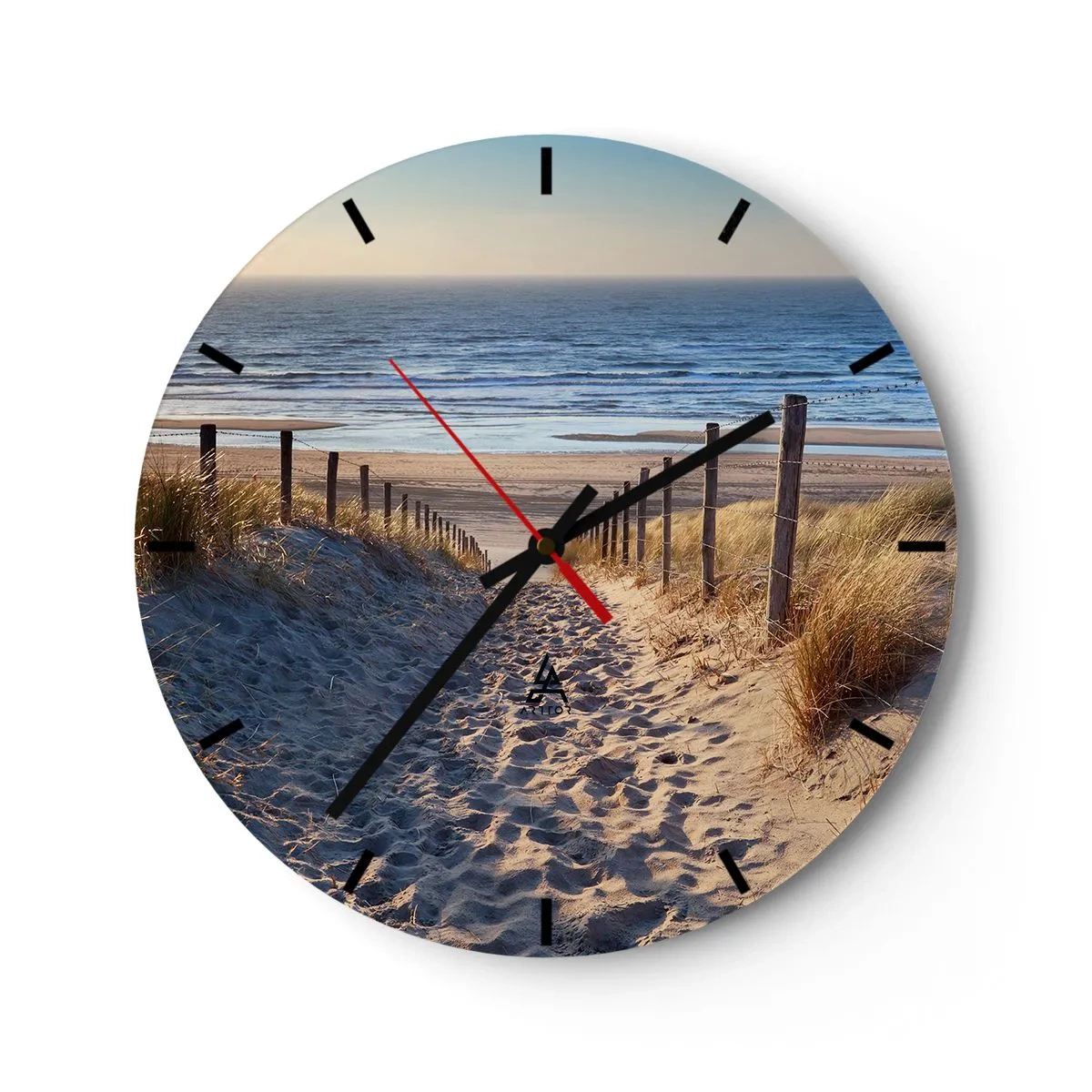 Wall clock - Clock on glass - A path through the dunes leading to the beach with a sea view - 30x30cm - Sound of the Sea, Singing of the Birds, Wild Beach among Grass - Modern wall decoration for the living room, kitchen, and bedroom ARTTOR