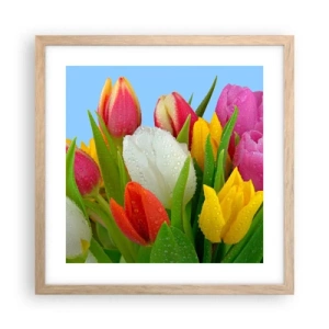 Poster in light oak frame - Floral Rainbow in Dew Drops - 40x40 cm