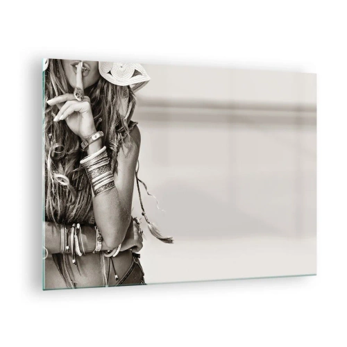 Glass picture - A woman in jewelry with her finger to her lips in an artistic shot - 70x50cm - Like a Girl - Modern wall decoration for the living room and bedroom ARTTOR