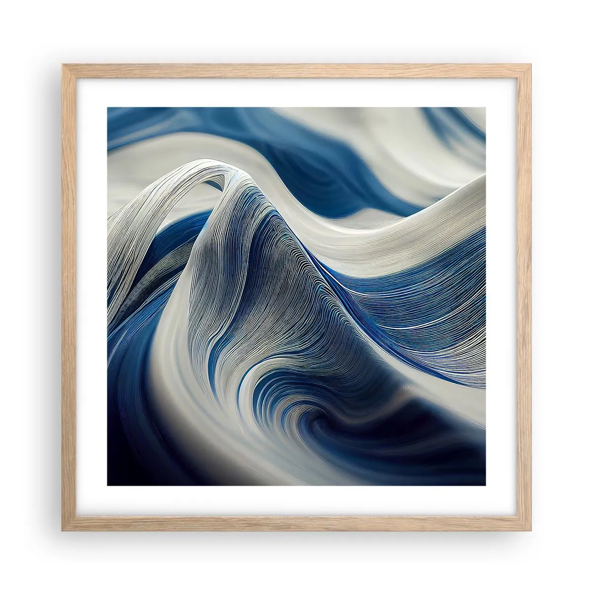 Poster in light oak frame - Fluidity of Blue and White - 50x50 cm