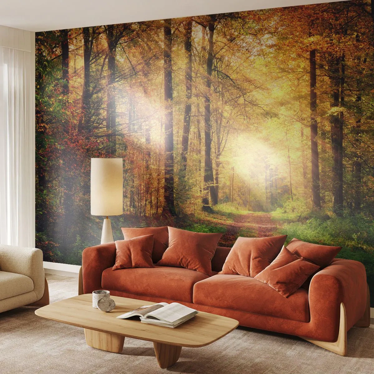 Self-Adhesive Photo Wallpaper Deluxe Sticker - Forest Golden silence - Landscape, Forest, Forest Road - 400x280 cm