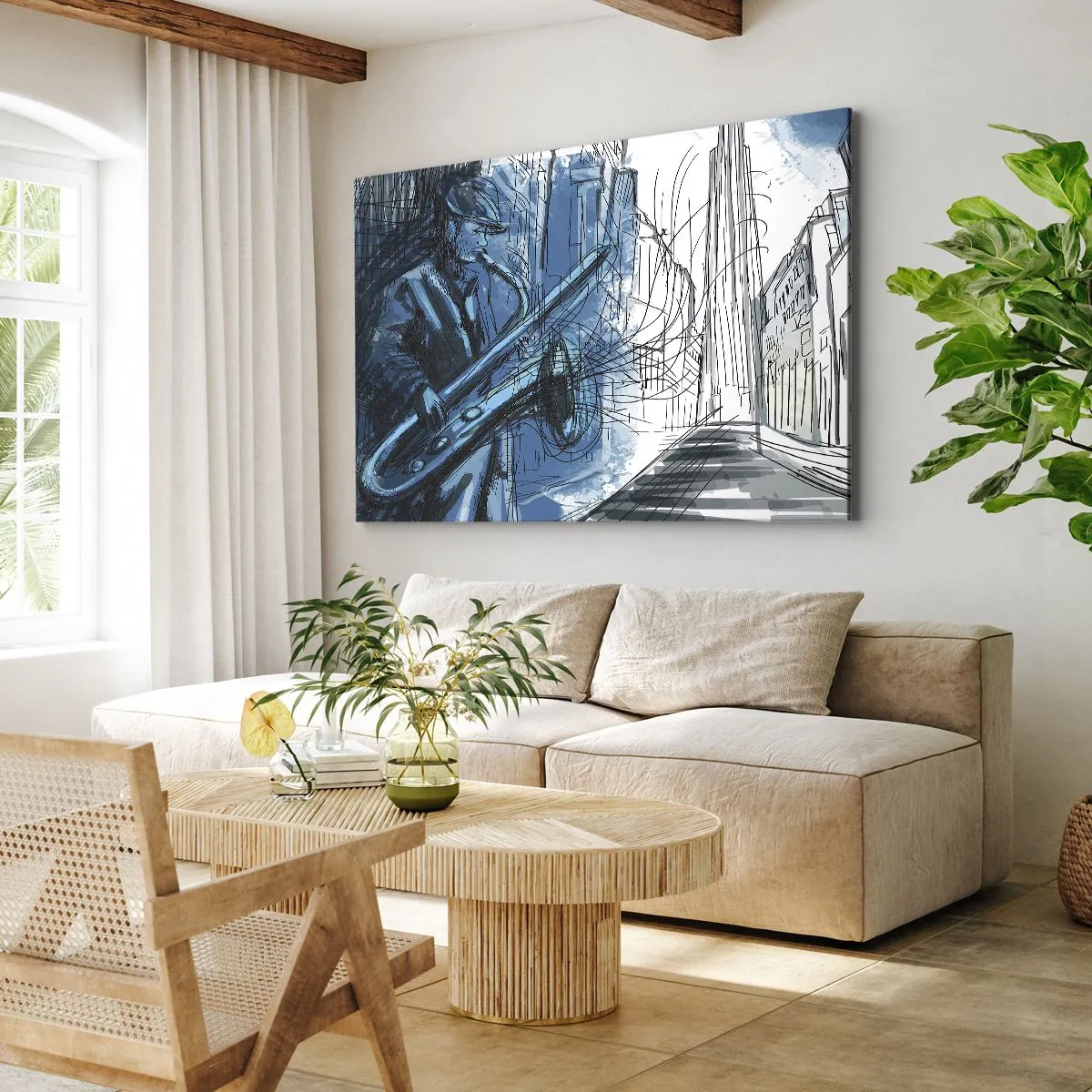 Canvas picture - figure playing the saxophone against the backdrop of a city - 70x50cm - City Rhapsody - Modern wall decoration for the living room and bedroom ARTTOR