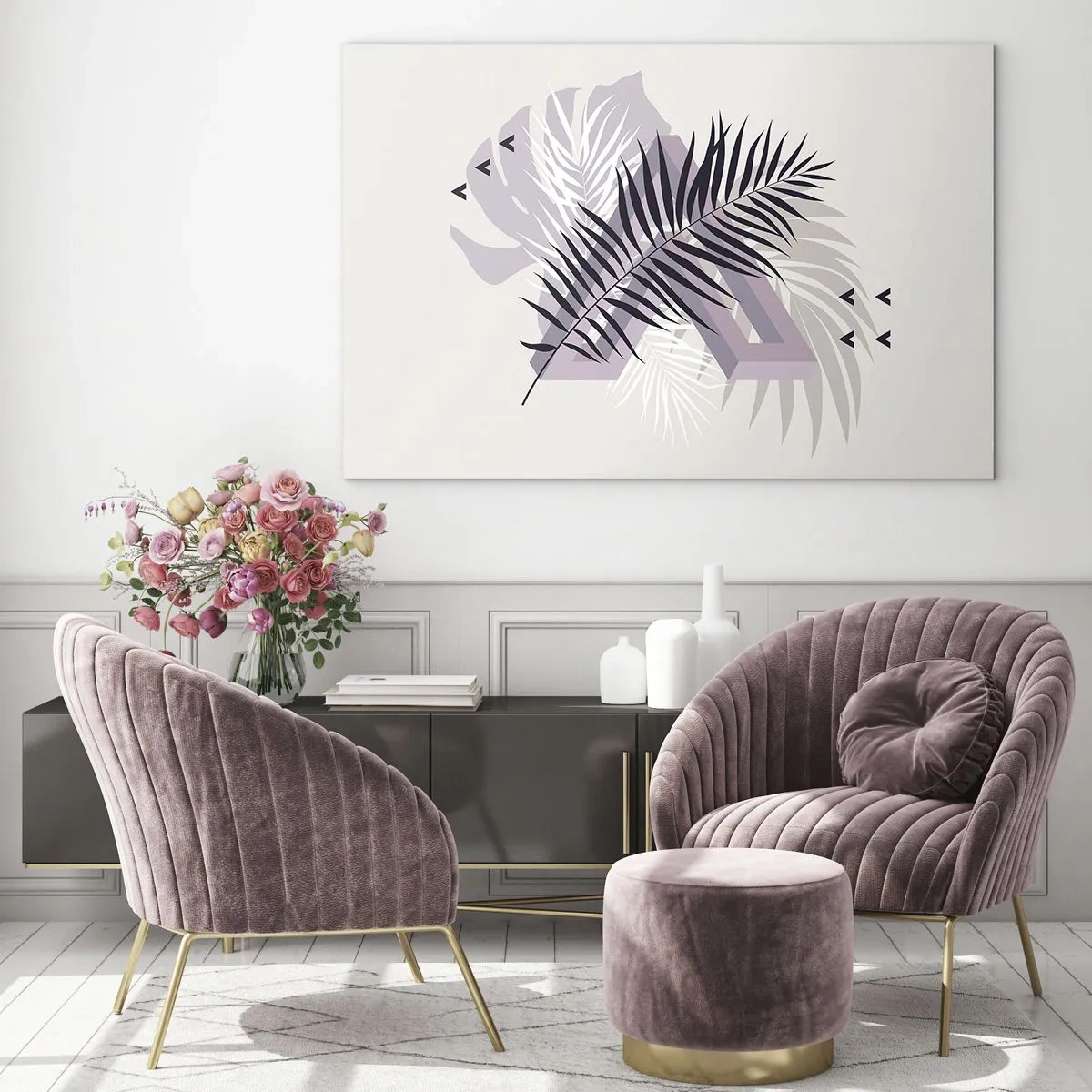 Glass picture - A minimalist composition with palm leaves and geometric shapes. - 70x50cm - Shadow of a Shadow - Modern wall decoration for the living room and bedroom ARTTOR