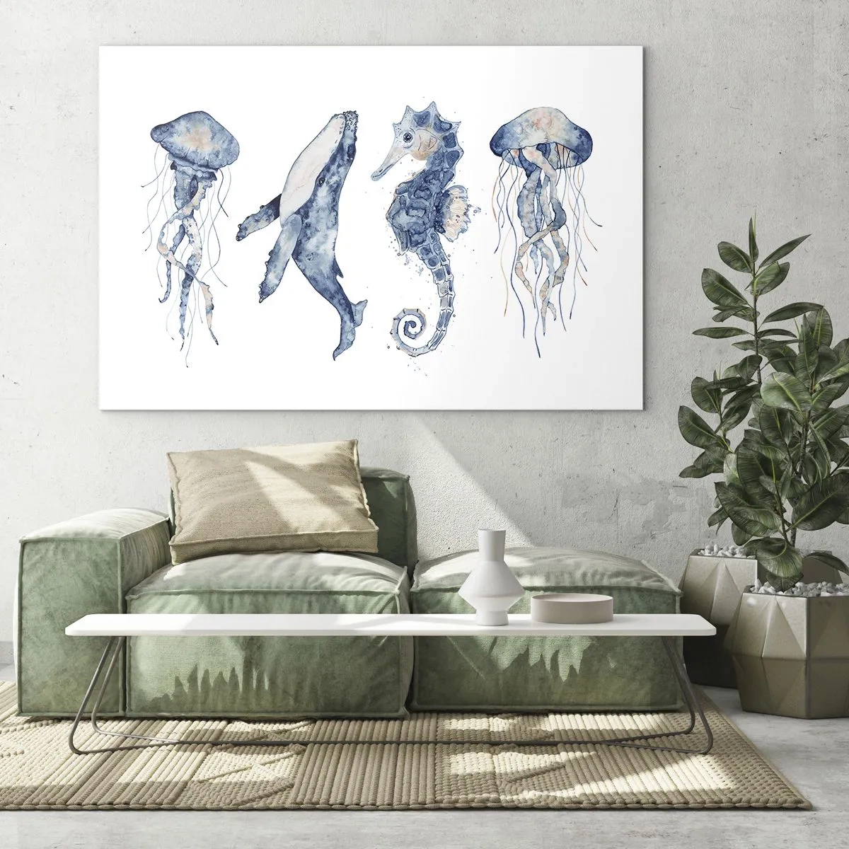 Glass picture - Sea creatures in a delicate watercolor style - 70x50cm - Sea Quirks - Modern wall decoration for the living room and bedroom ARTTOR