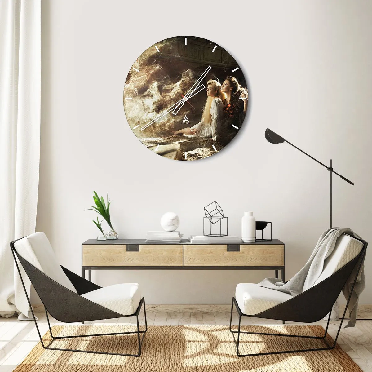 Wall clock - Clock on glass - Two women surrounded by a magical glow - 30x30cm - And There Was Poetry - Modern wall decoration for the living room, kitchen, and bedroom ARTTOR