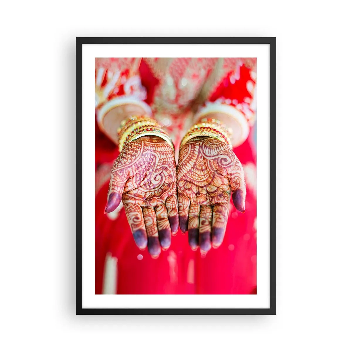 Poster in black frame - Decorative henna hands against a red background - 50x70cm - Readt to Catch Happiness - Modern wall decoration for the living room and bedroom ARTTOR