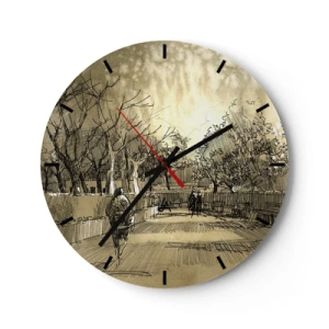 Wall clock - Clock on glass - Sketch of a walk in a park with paths and trees - 30x30cm - Moment Stopped with a Feather - Modern wall decoration for the living room, kitchen, and bedroom ARTTOR