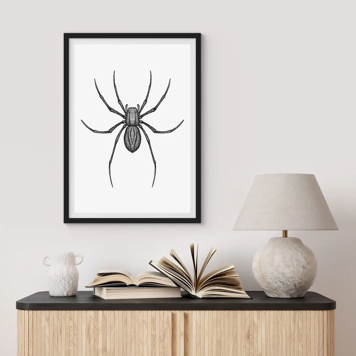 Poster in black frame - Detailed illustration of a spider on a white background - 50x70cm - Disturbing Precision - Modern wall decoration for the living room and bedroom ARTTOR