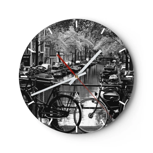 Wall clock - Clock on glass - Black and white view of a canal with bicycles in Amsterdam - 30x30cm - A Very Dutch View - Modern wall decoration for the living room, kitchen, and bedroom ARTTOR
