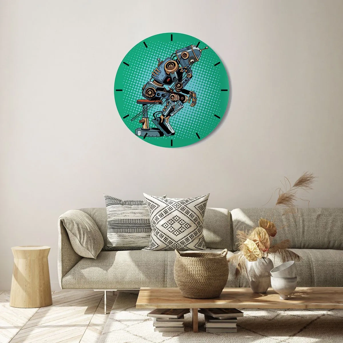 Wall clock - Clock on glass - A robot in a thinker's pose against a green background - 30x30cm - On the Essence of Being - Modern wall decoration for the living room, kitchen, and bedroom ARTTOR