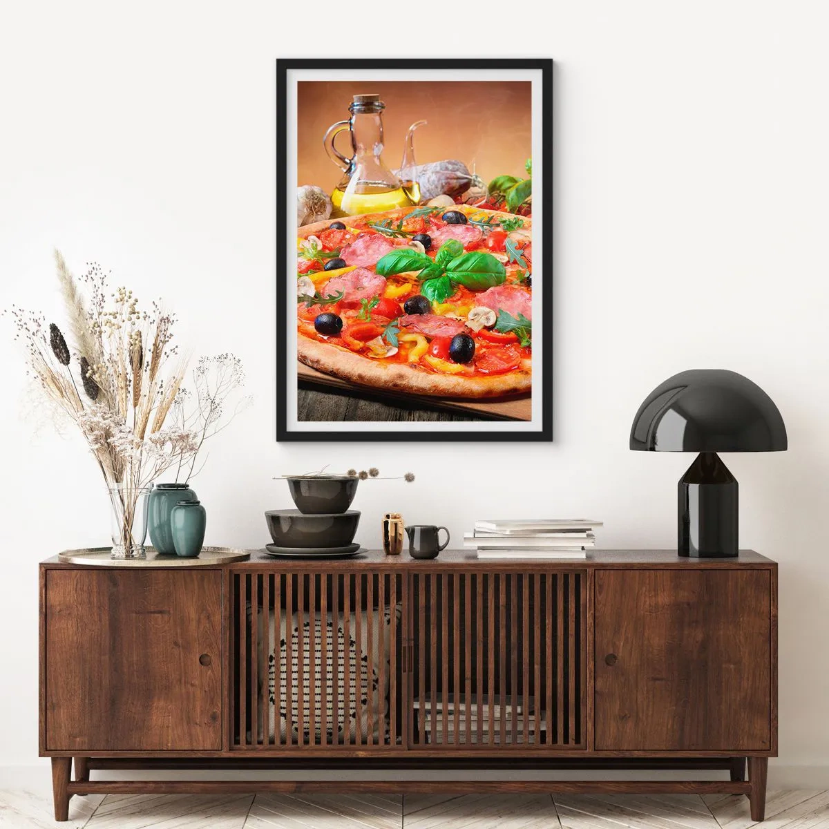 Poster in black frame - Appetizing pizza with olives and herbs on a wooden table - 50x70cm - With a Real Italian Flavouring - Modern wall decoration for the living room and bedroom ARTTOR