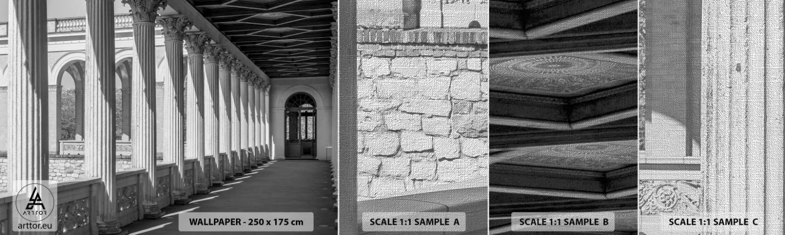 Photo Wallpaper Sample Premium Canvas - Sunny Arcade - Columns, Architecture, Classic - 100x30 cm