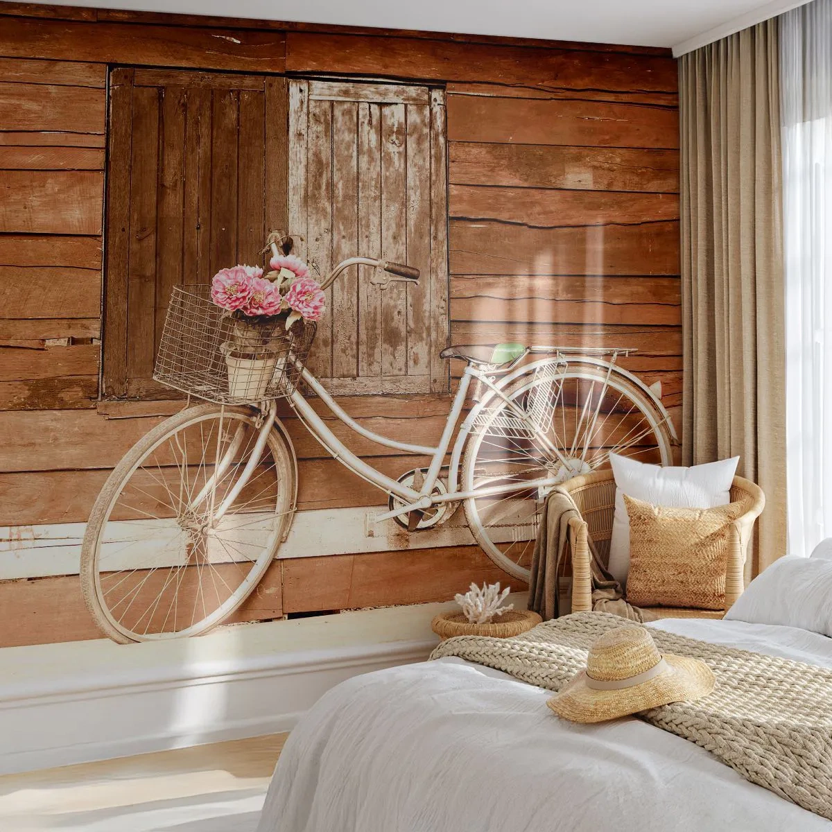 Photo Wallpaper Premium Canvas - Be Right Back - Bicycle, Flowers, Wooden house - 200x140 cm