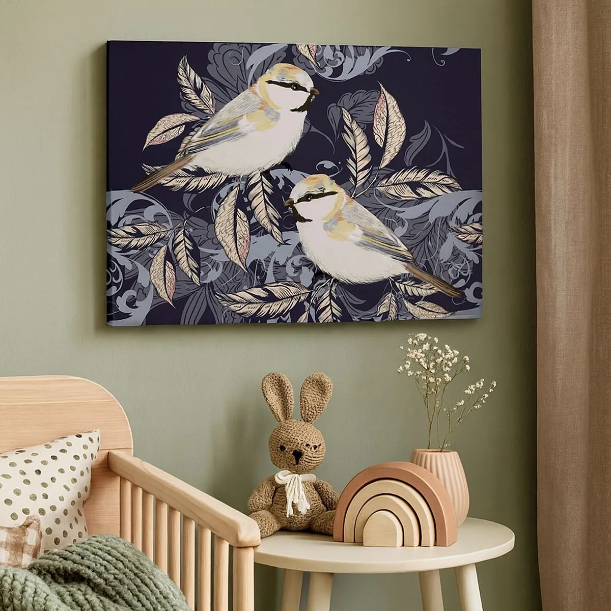 Canvas picture - Birds on branches in an ornamental background - 70x50cm - Blue and Yellow Chirp - Modern wall decoration for the living room and bedroom ARTTOR