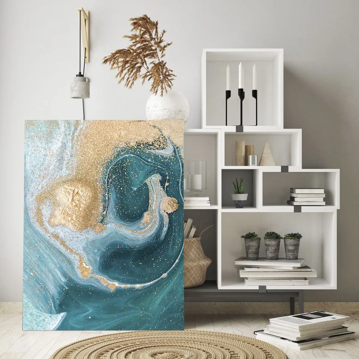 Glass picture - Swirl of Gold and Turquiose - 70x100 cm