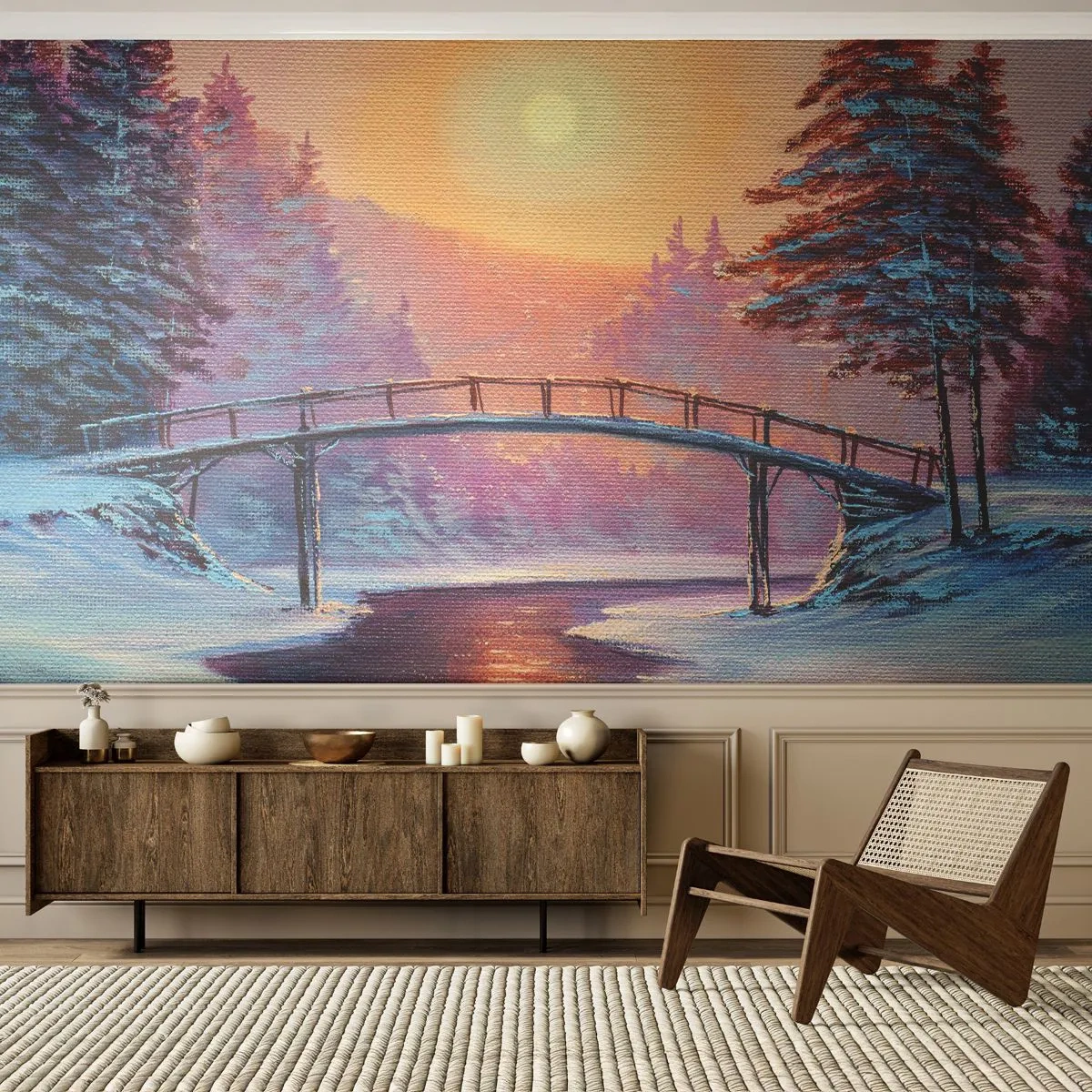 Self-Adhesive Photo Wallpaper Deluxe Sticker - Four Seasons - Winter - Landscape, River, Bridge - 250x175 cm