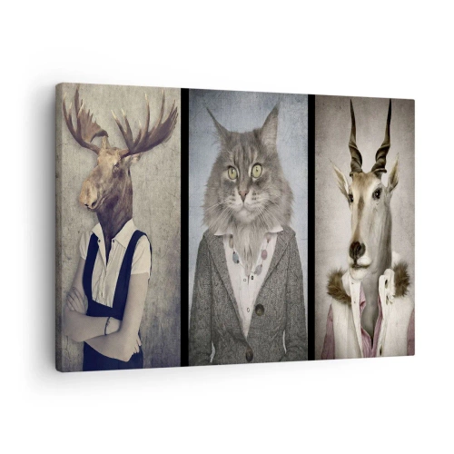 Canvas picture - A triptych with animal figures in elegant clothes against a stylized background - 70x50cm - Furcoats Are in Vogue Again - Modern wall decoration for the living room and bedroom ARTTOR