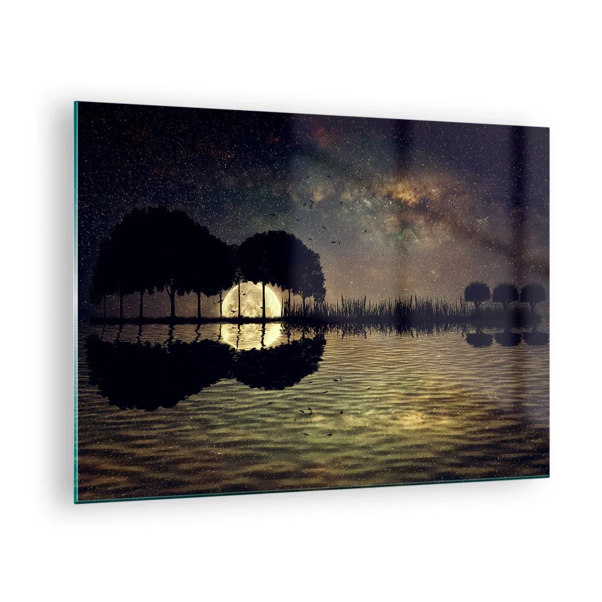 Glass picture - Night scene with a full moon reflected in the water - 70x50cm - Night at the Edge of the World - Modern wall decoration for the living room and bedroom ARTTOR
