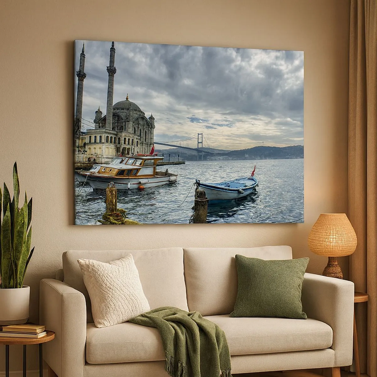 Canvas picture - A historic building on the water with boats and a bridge in the background - 70x50cm - Between Worlds - Modern wall decoration for the living room and bedroom ARTTOR