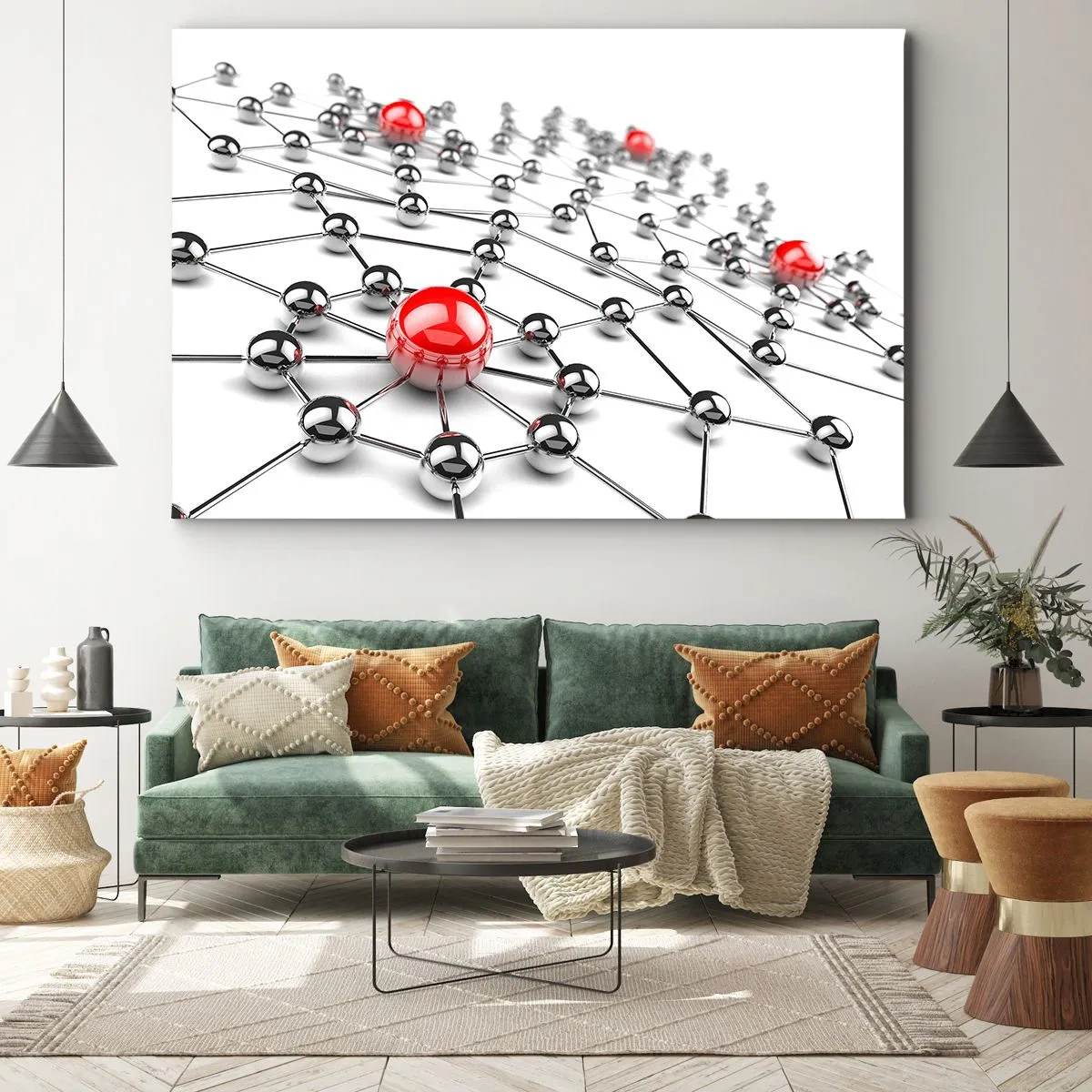 Canvas picture - A network of metallic balls with red accents - 70x50cm - Silver Net - Modern wall decoration for the living room and bedroom ARTTOR
