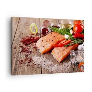 Canvas picture - Salmon fillets with spices on a wooden background - 70x50cm - Norwegian Adventure in the Kitchen - Modern wall decoration for the living room and bedroom ARTTOR