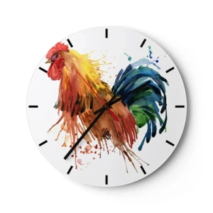 Wall clock - Clock on glass - A rooster in a watercolor style with vivid colors - 30x30cm - King Rooster - Modern wall decoration for the living room, kitchen, and bedroom ARTTOR