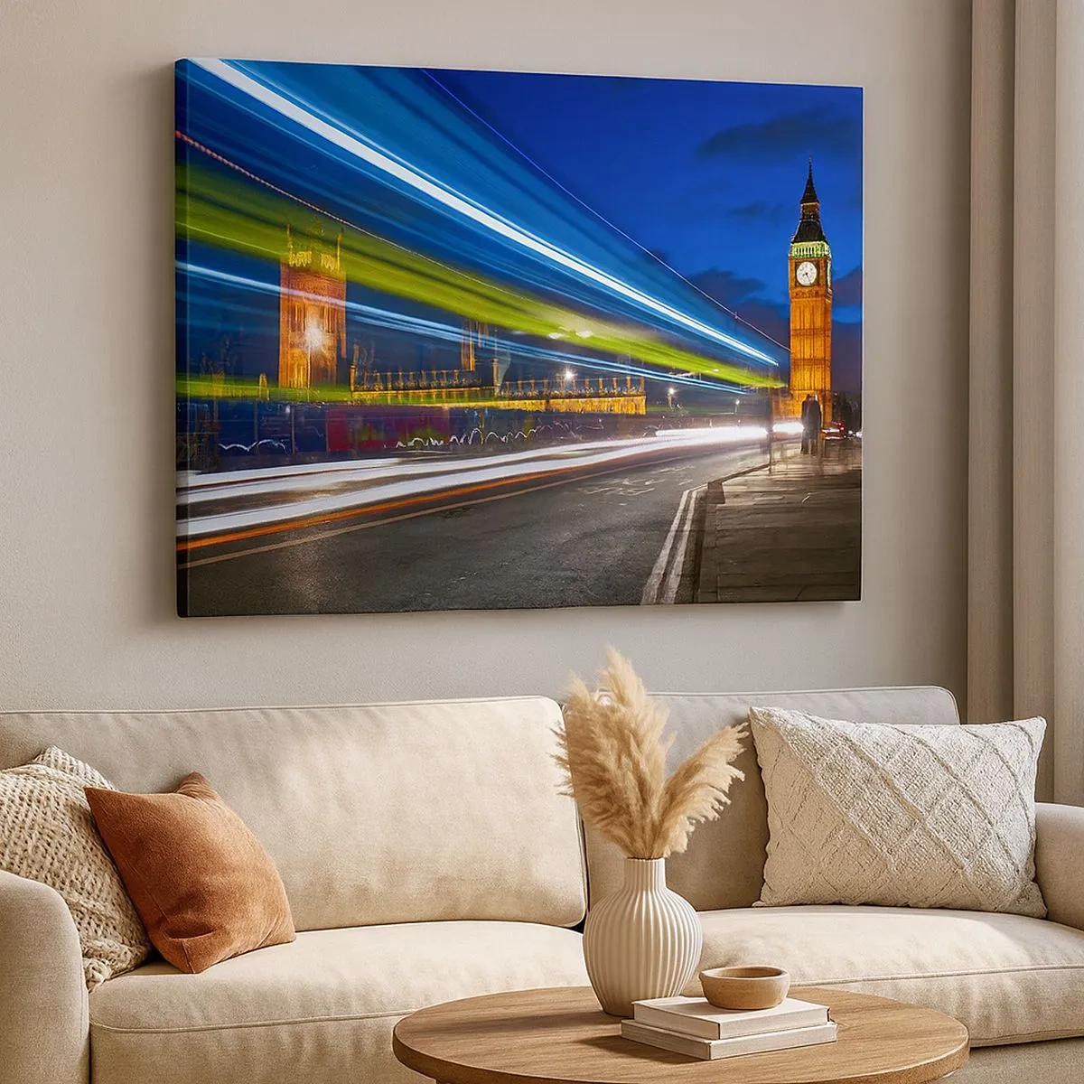 Canvas picture - Big Ben at night with the effect of lights in the street traffic - 70x50cm - By Big Ben - Modern wall decoration for the living room and bedroom ARTTOR