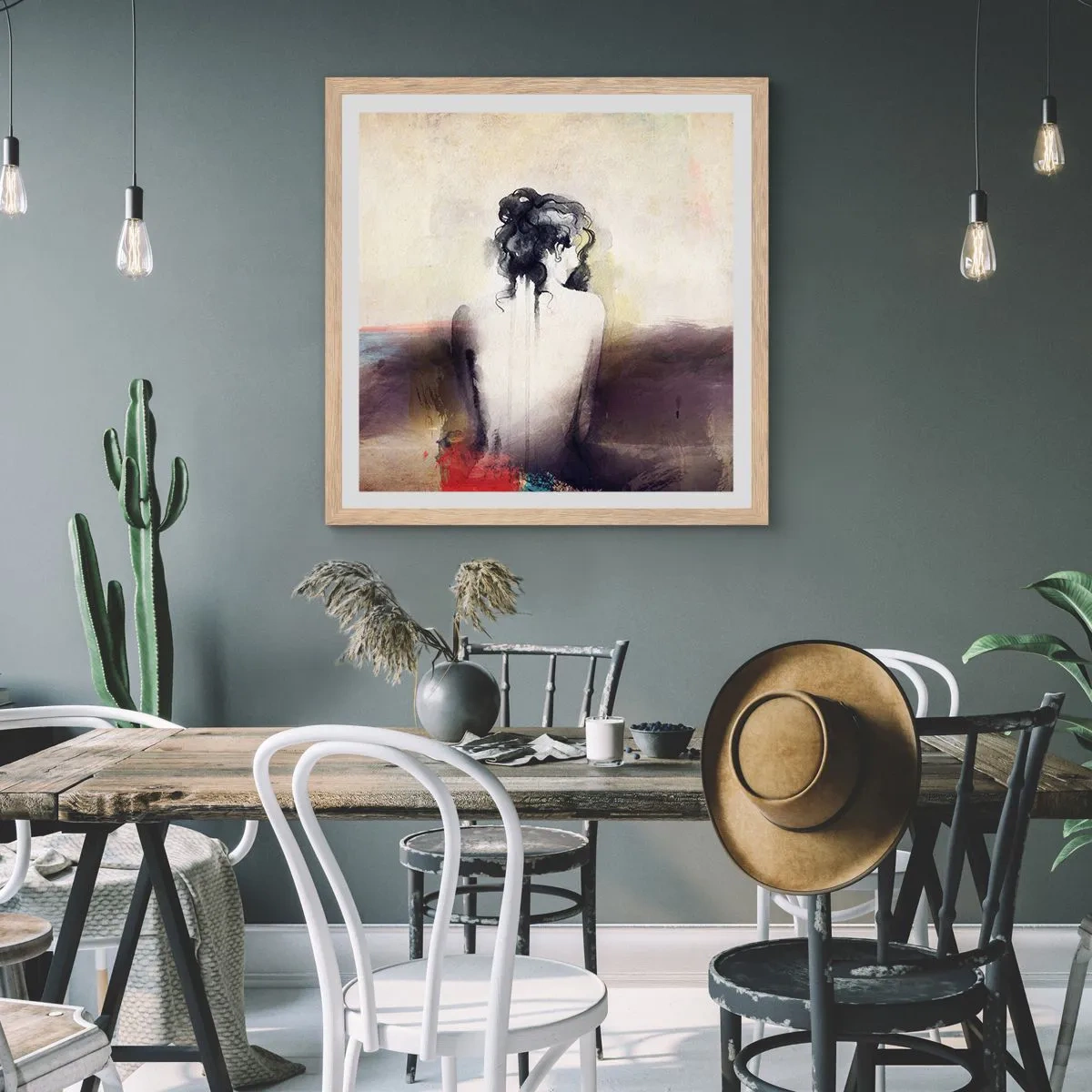 Poster in light oak frame - Gentle Lines, Oval Shapes - 40x40 cm