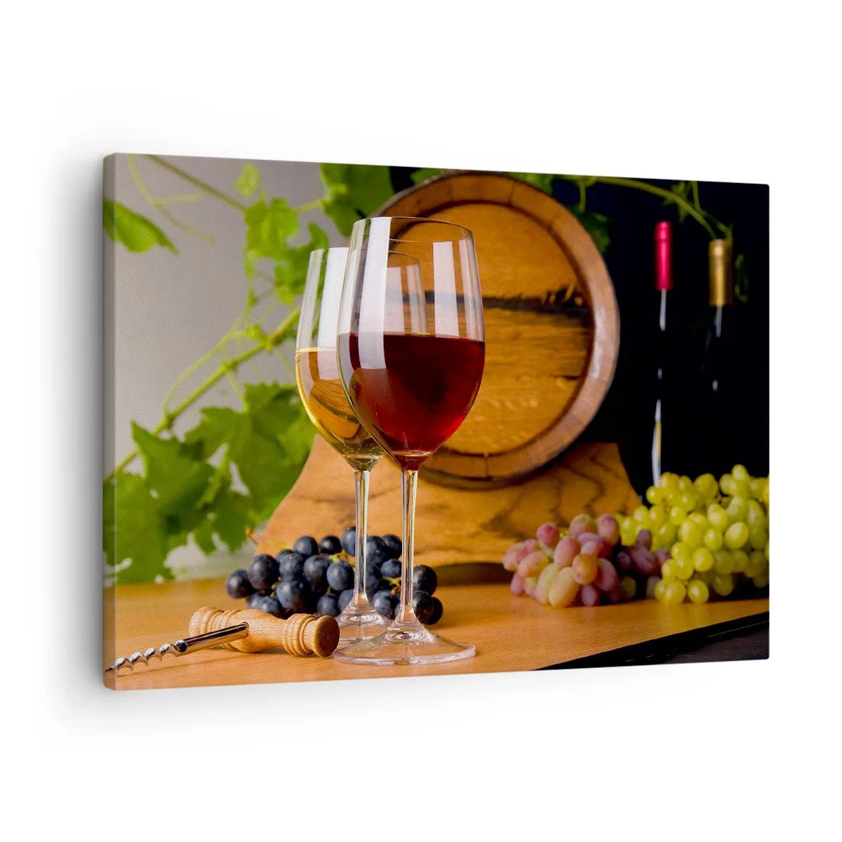 Canvas picture - Glasses of wine with grapes, a barrel and bottles on a wooden table - 70x50cm - Like at Old Masters - Modern wall decoration for the living room and bedroom ARTTOR