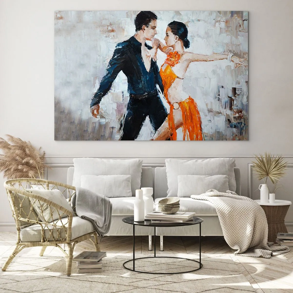 Glass picture - A couple dancing in a dynamic pose against an impressionist-style backdrop - 70x50cm - Dirty Dancing - Modern wall decoration for the living room and bedroom ARTTOR