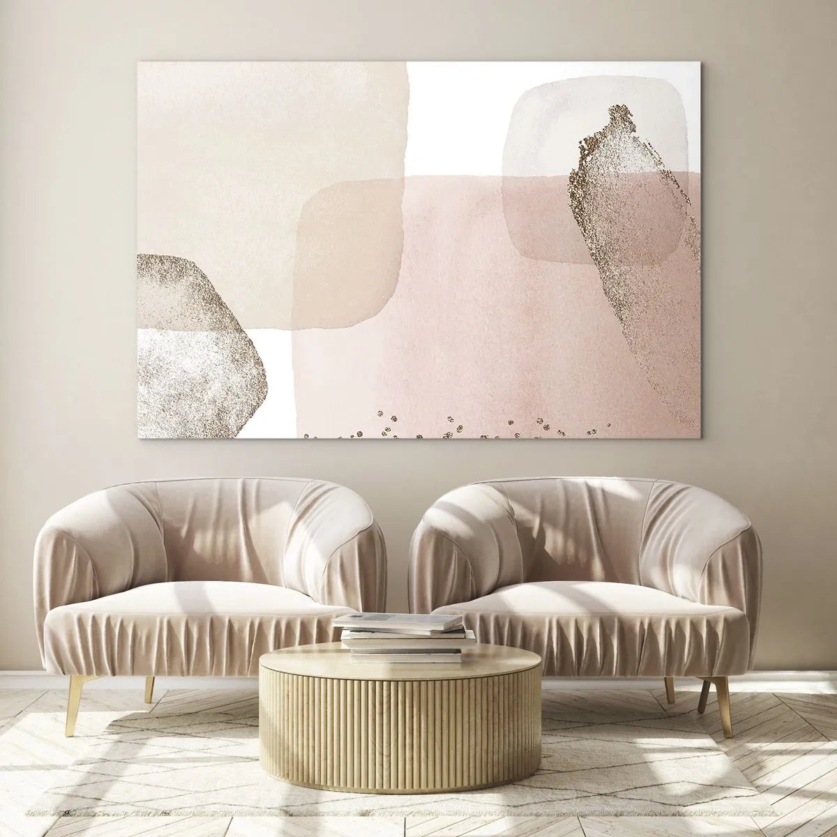 Glass picture - An abstract composition in shades of pink, beige and gold. - 70x50cm - Look through Colour - Modern wall decoration for the living room and bedroom ARTTOR