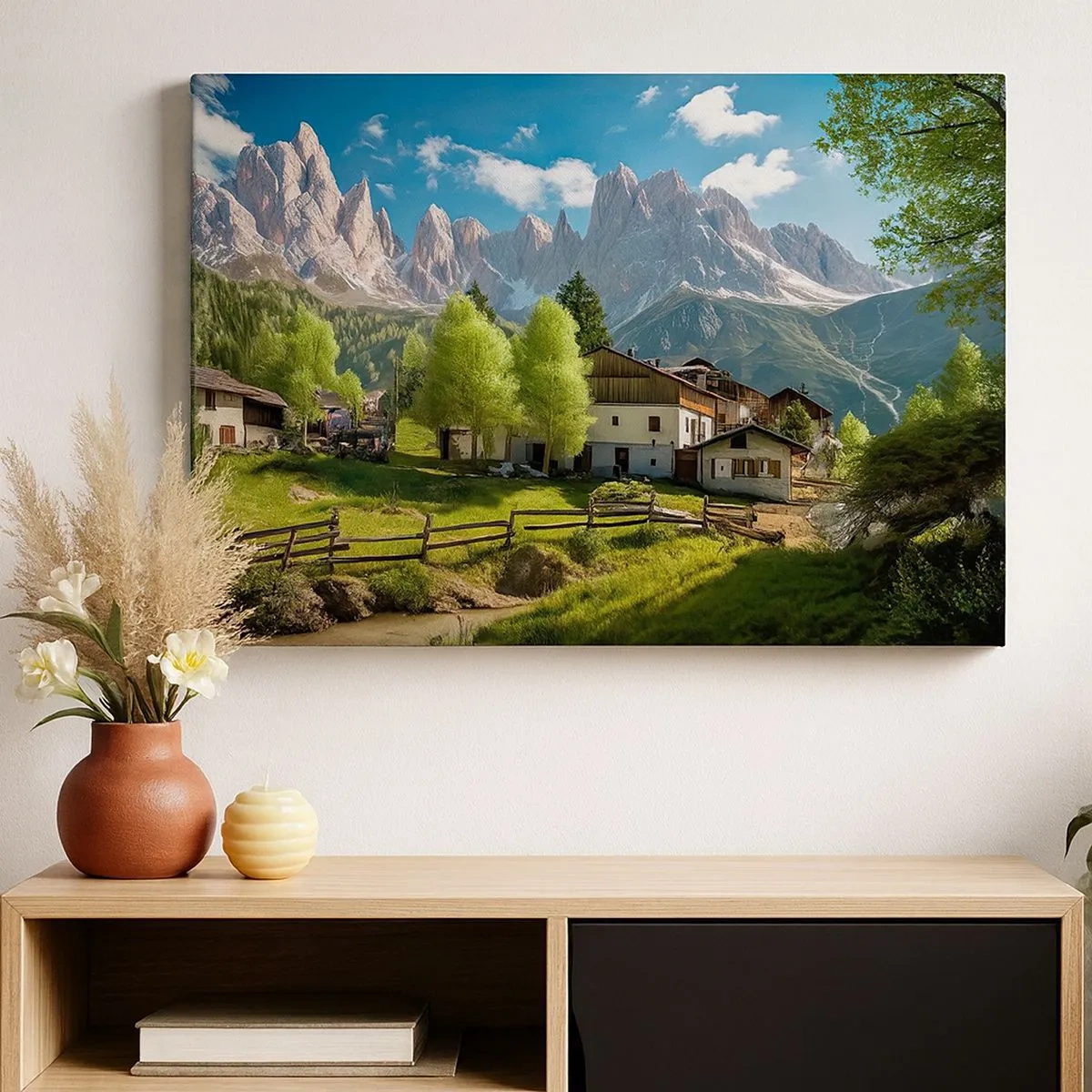 Canvas picture - A mountain village with houses and a view of the Alps - 70x50cm - Alpine Idyll - Modern wall decoration for the living room and bedroom ARTTOR