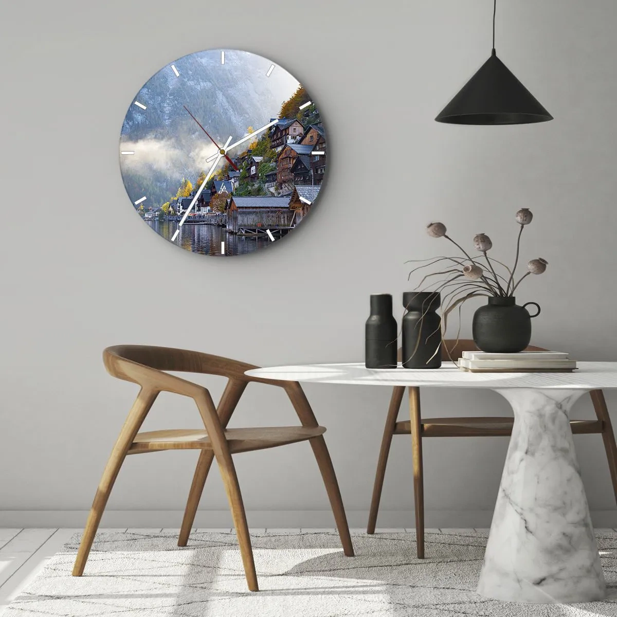 Wall clock - Clock on glass - A mountain village by a lake in the morning light - 30x30cm - Alpine Atmosphere - Modern wall decoration for the living room, kitchen, and bedroom ARTTOR