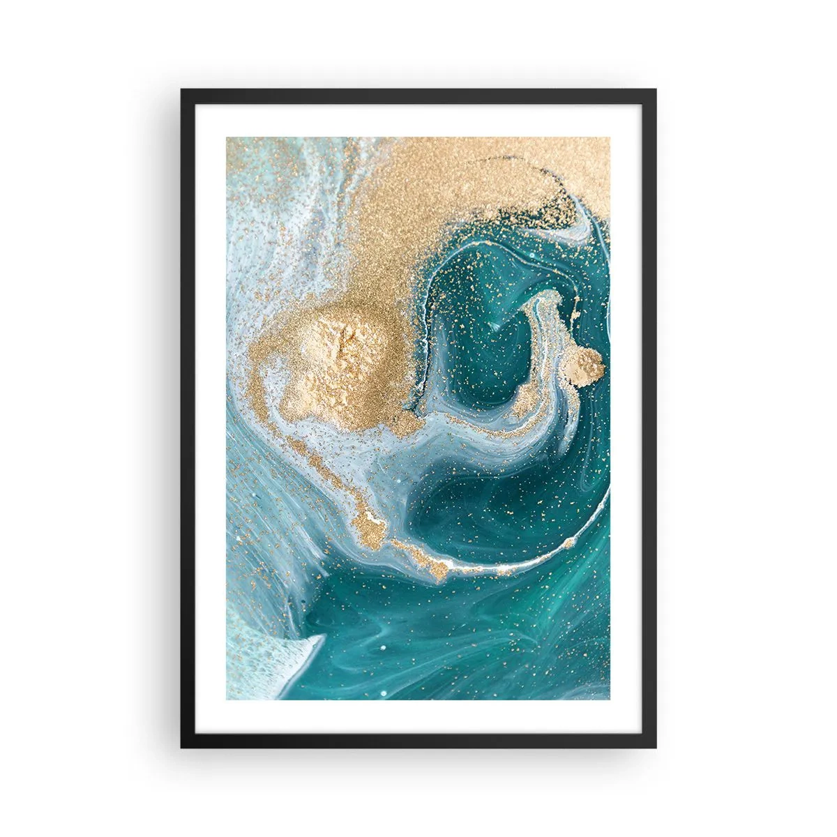 Poster in black frame - Abstract gold and turquoise motif in fluid forms - 50x70cm - Swirl of Gold and Turquiose - Modern wall decoration for the living room and bedroom ARTTOR