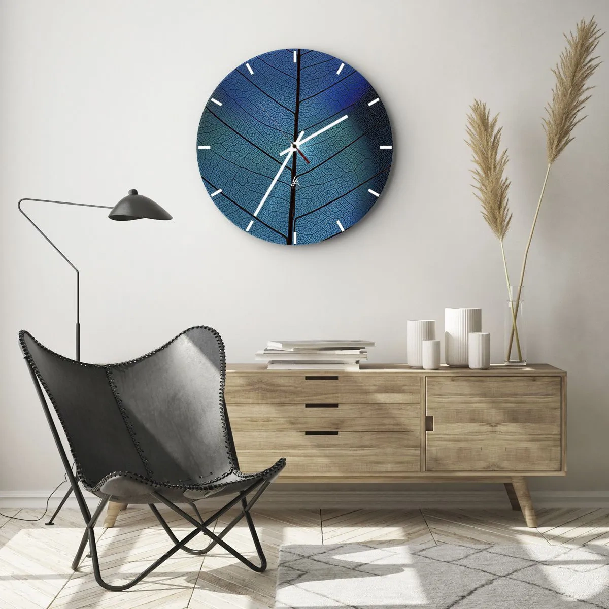 Wall clock - Clock on glass - Close-up of the leaf structure in shades of blue and black - 30x30cm - Intricate Construction - Modern wall decoration for the living room, kitchen, and bedroom ARTTOR