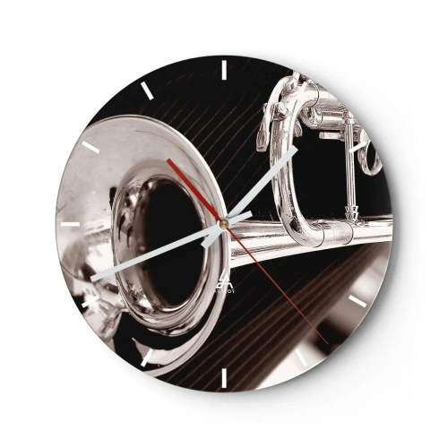 Wall clock - Clock on glass - Black and white close-up of a trumpet in an artistic shot - 30x30cm - Musical Journey to the 30-ies - Modern wall decoration for the living room, kitchen, and bedroom ARTTOR
