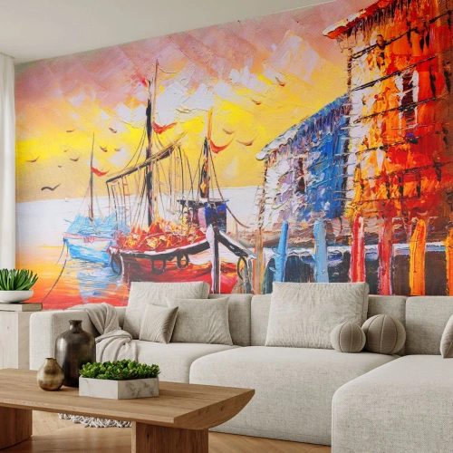 Photo Wallpaper Premium Canvas - Happy Comeback - Landscape, Fisherman's Port, Boats - 350x256 cm