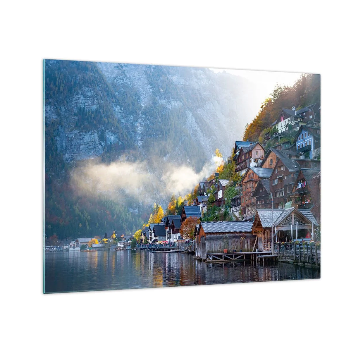 Glass picture - An autumn morning in a mountain town by a lake - 70x50cm - Alpine Atmosphere - Modern wall decoration for the living room and bedroom ARTTOR