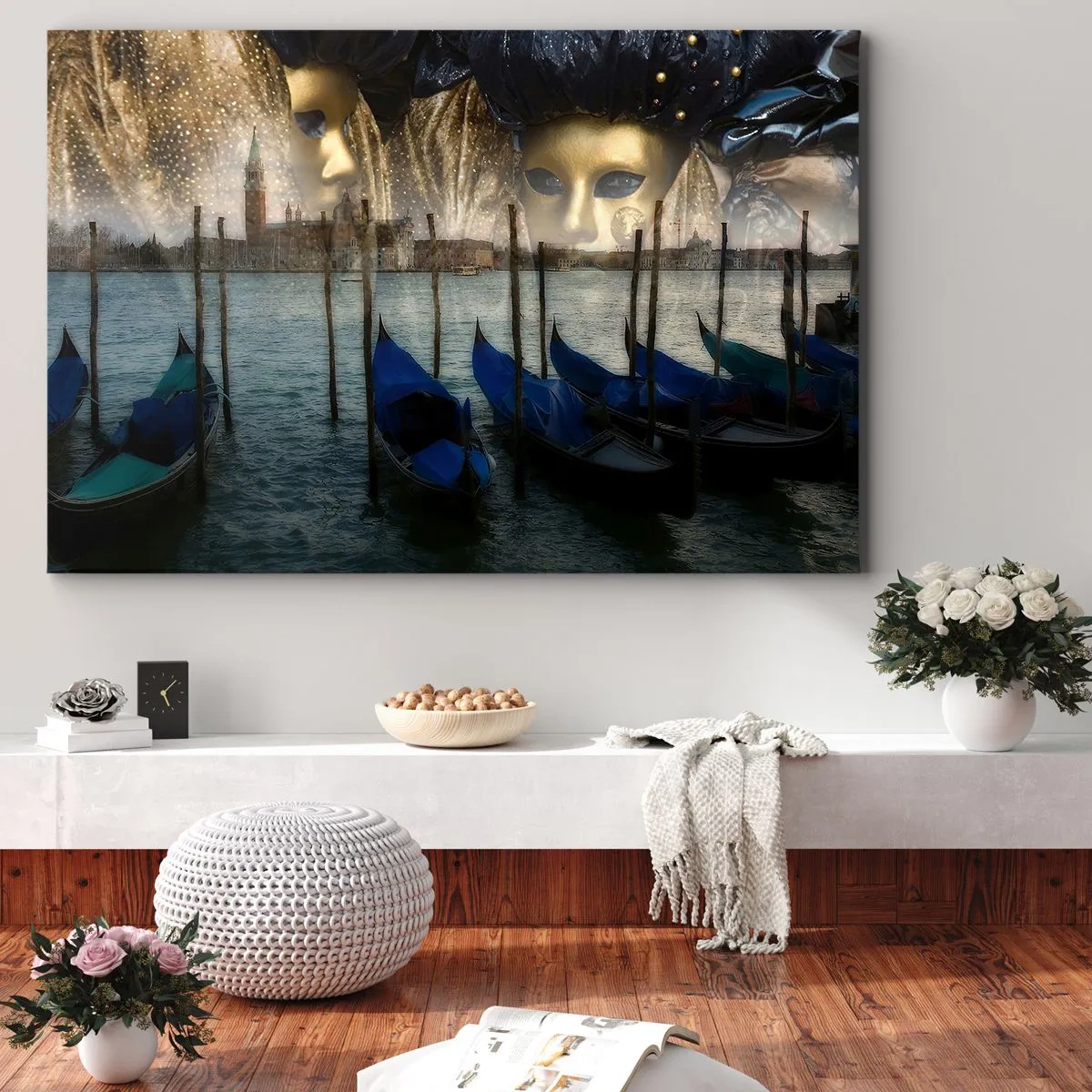 Canvas picture - Venetian carnival masks and gondolas against the backdrop of the city and water - 70x50cm - Time to Start the Carnival - Modern wall decoration for the living room and bedroom ARTTOR