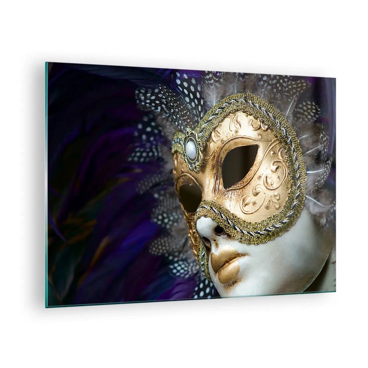 Glass picture - Gold Venetian mask with feathers on a purple background - 70x50cm - Venetian Portrait In Gold - Modern wall decoration for the living room and bedroom ARTTOR