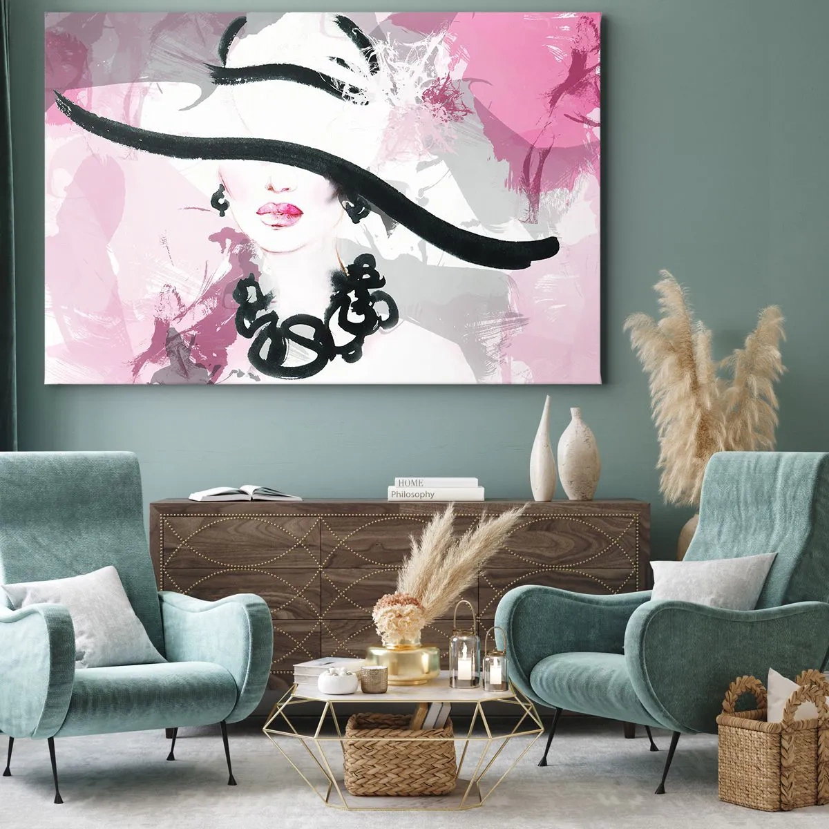 Canvas picture - An elegant woman in a hat against a background of pink abstractions. - 70x50cm - Portrait of a Lady in Black and Pink - Modern wall decoration for the living room and bedroom ARTTOR