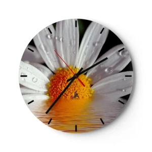 Wall clock - Clock on glass - Macro of a daisy with water drops on its petals - 30x30cm - Sunrise of a Daisy - Modern wall decoration for the living room, kitchen, and bedroom ARTTOR