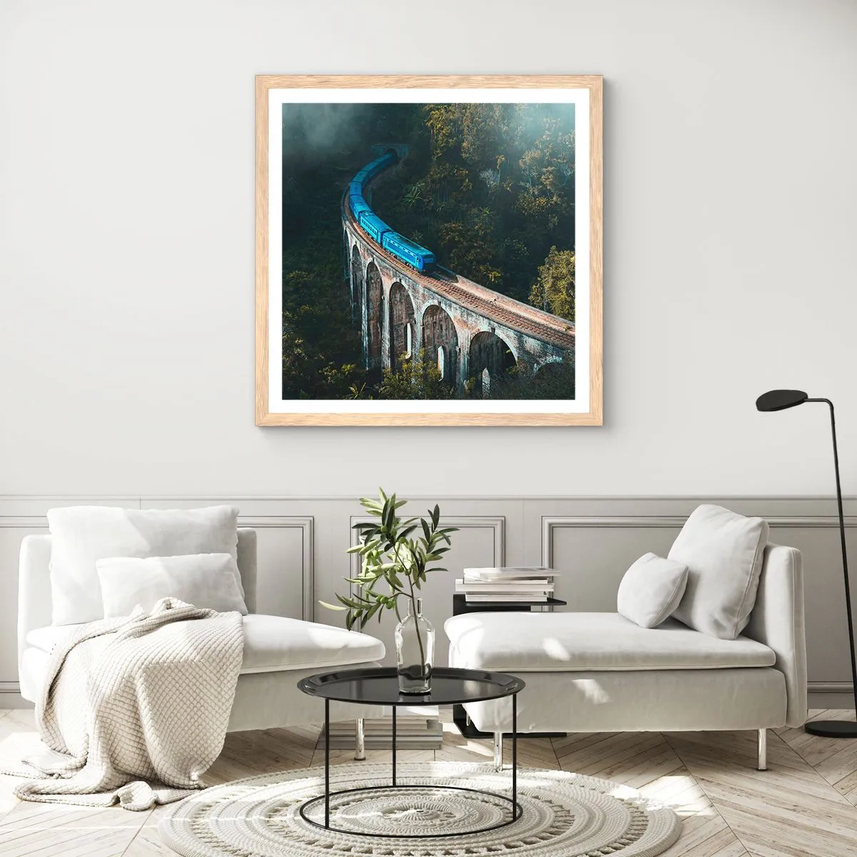 Poster in light oak frame - Train through Nature - 40x40 cm