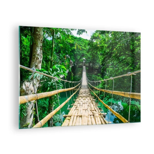 Glass picture - A hanging bamboo bridge among tropical greenery over a river - 70x50cm - Small Bridge over the Green - Modern wall decoration for the living room and bedroom ARTTOR