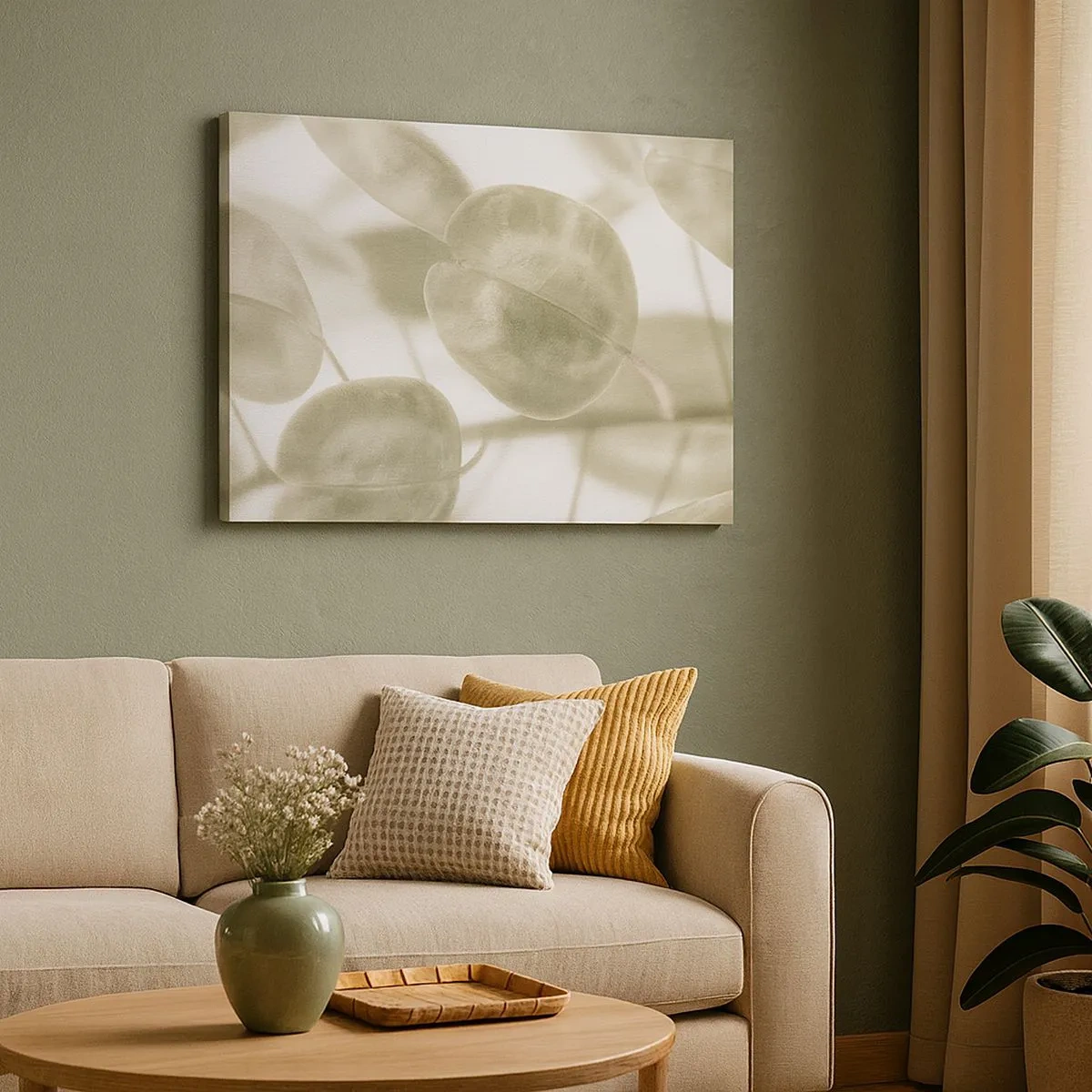 Canvas picture - delicate painting of leaves in pastel shades of green on a light background. - 70x50cm - In the Beginning There Were Leaves… - Modern wall decoration for the living room and bedroom ARTTOR