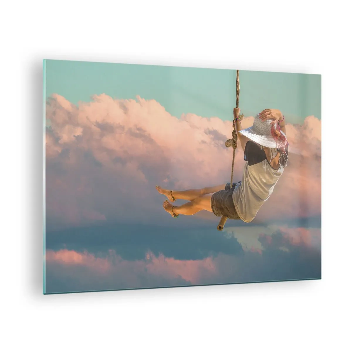 Glass picture - Girl on a swing among pink clouds - 70x50cm - Fun in the Clouds - Modern wall decoration for the living room and bedroom ARTTOR