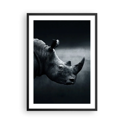 Poster in black frame - Black and white portrait of a rhinoceros against a dark background - 50x70cm - Right Profile - Modern wall decoration for the living room and bedroom ARTTOR