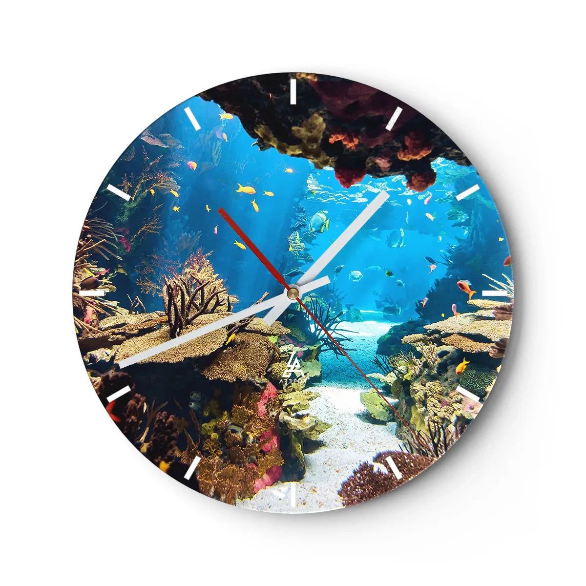 Wall clock - Clock on glass - Underwater world with colorful fish and corals - 30x30cm - You Couldn't Dream It - Modern wall decoration for the living room, kitchen, and bedroom ARTTOR