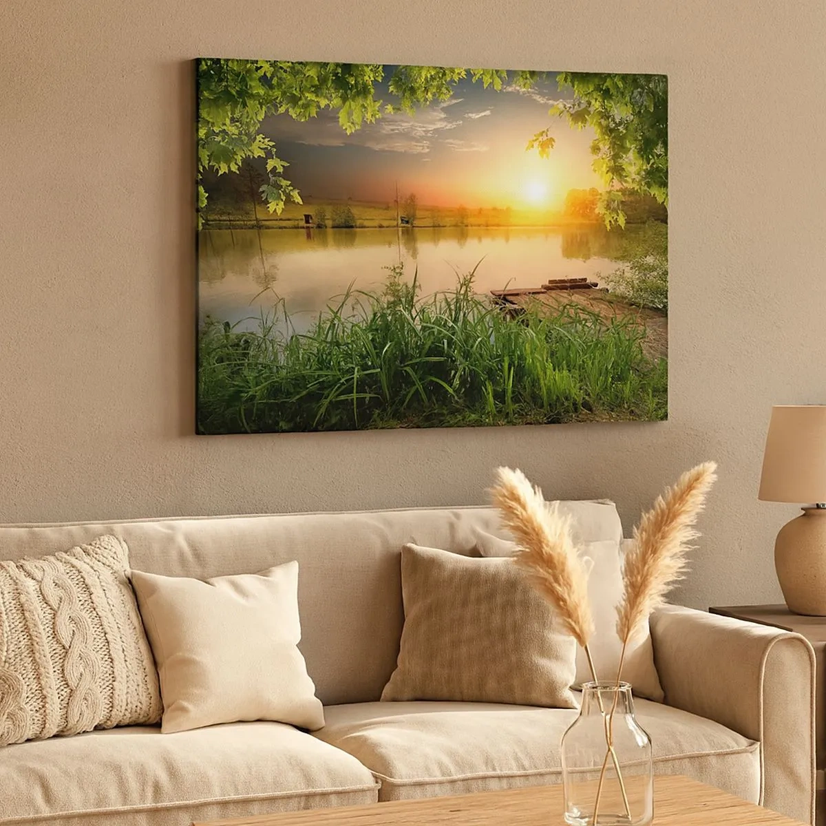 Canvas picture - Green landscape with a lake at sunset - 70x50cm - Landscape in a Green Frame - Modern wall decoration for the living room and bedroom ARTTOR